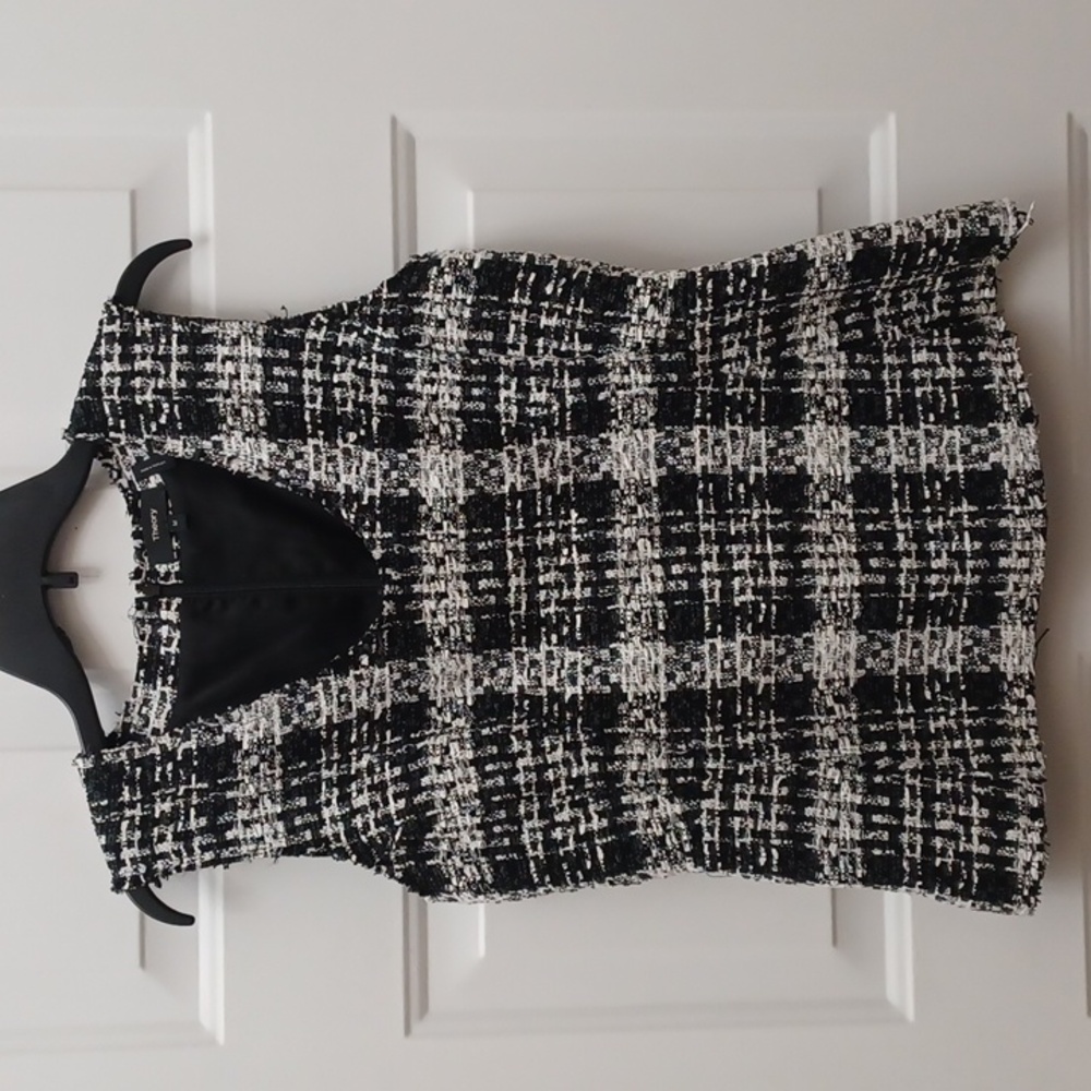 Theory black white tweed sculpted peplum u neck top blouse shell msrp $295  sz M